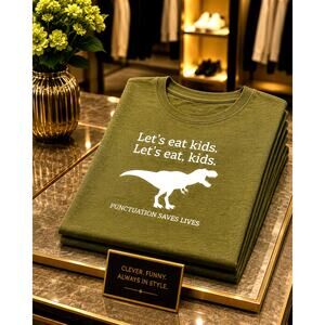 Dinosaur Print T Shirt Short Sleeve Crew Neck Lets Eat Kids Funny 8/10
